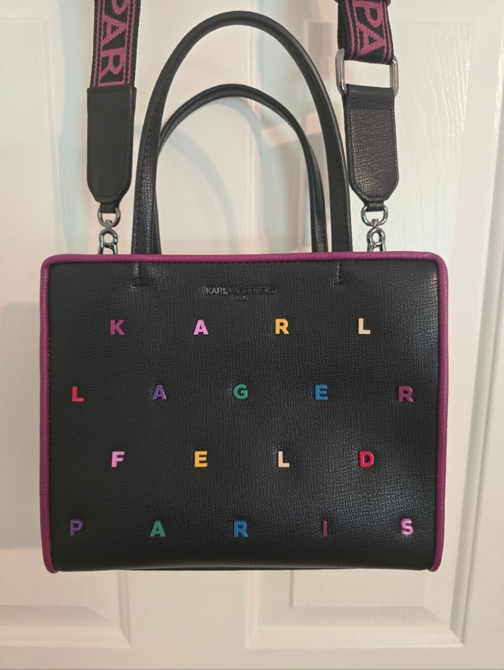 NWOT Karl Lagerfeld Black Leather Satchel w/ Pink Trim & Multicolor Lettering